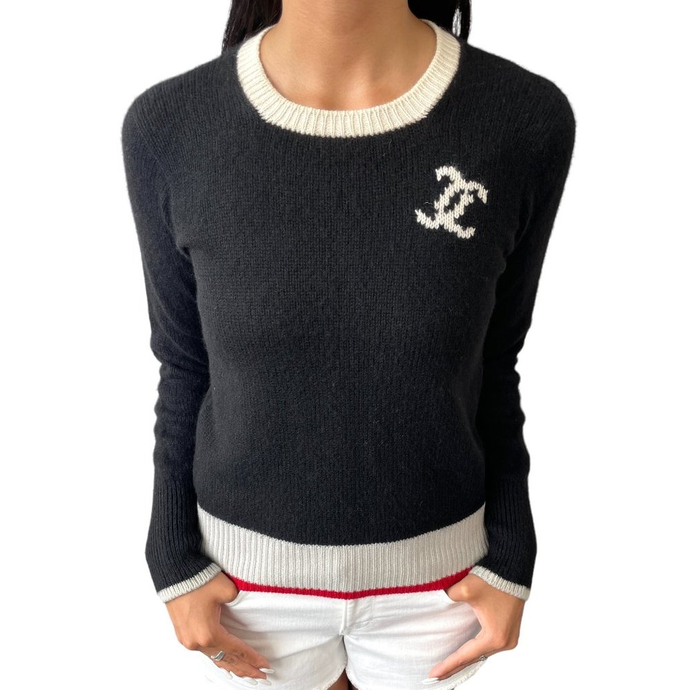 CHANEL Vintage CC Mark Logo Sweater Top Cashmere Black White Red RankAB [100093]